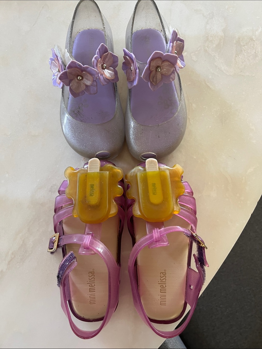 Mini Melissa Purple Glitter Mary Jane & Pink Jelly Sandals with Yellow Accents